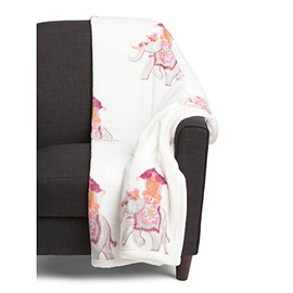 Envogue Plush Fleece Throw Blanket Decorated Elephants Plum Pink Gray on Cream / Off-White, Saveh