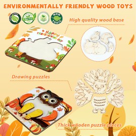 Happy Thanksgiving Wooden Puzzles Gift for Toddler, 12 Pack Autumn Theme Coloring Puzzles Welcome Fall Jigsaw Puzzle, DIY Art Projects, Educational Toys for Boys and Girls 3-8 Years Old Harvest Party