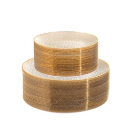 Lullaby 100PCS Clear Plastic Plates with Gold Rim, Includes 50pcs Dinner Plates 10.25” and 50pcs Dessert Plates 7.5”, Disposable Heavyduty Plates for Birthdays, Parties and Wedding