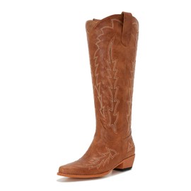 Souactimuy cream cowboy boots for women wide calf plus size ladies cowgirl boots knee high tall western style slip on pointed toe chunky low heel size 10 wide