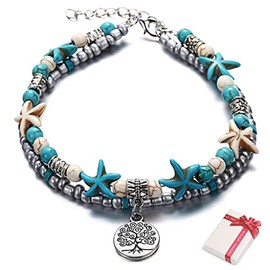 Ouceanwin Boho Turquoise Anklet Women's Adjustable Layered Anklet Elephant Pendant Multilayer Ankle Jewellery Charm Sandy Beach Foot Jewellery Boho for Women Girls, Rubber