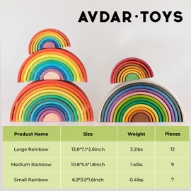 AVDAR 12Pcs Wooden Rainbow Stacker Toy, Extra Large Wooden Rainbow Stacking Toy, Montessori Nesting Puzzle for Kids, Rainbow Blocks