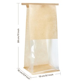 ZORRITA 50 Pack Bakery Bags with Window, 5.1 x 3.9 x 11 Inches Kraft Paper Cookie Bags Tin Tie Tab Lock Treat Bags for Packaging Breads, Pastry, Donuts, Popcorns, Granola and Snacks