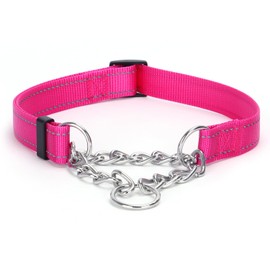 Pimaodog Martingale Dog Collar with Stainless Steel Chain, Martingale Collar with Reflective, Adjustable for Medium Large Dogs (S, Hot Pink)
