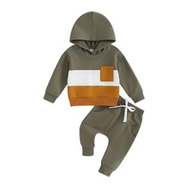 Toddler Baby Boy Fall Clothes Long Sleeve Hooded Contrast Color Hoodie Top Pants Cute Infant Newborn Winter Outfit (Army Green, 0-6 Months)