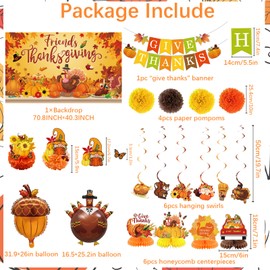 Roetyce Friends Thanksgiving Decorations, Happy Thanksgiving Banner Backdrop Hanging Swirls Table Centerpieces Kit for Friends Party Outdoor/Indoor, Fall Friends Given Thanks Party Supplies