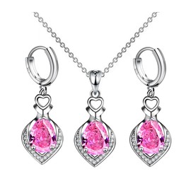 FDEETY Jewelry Set for Women Rhinestone Crystal Pendant Necklace Earrings Set Hypoallergenic Anniversary Birthday Party Jewelry Gifts (Pink)