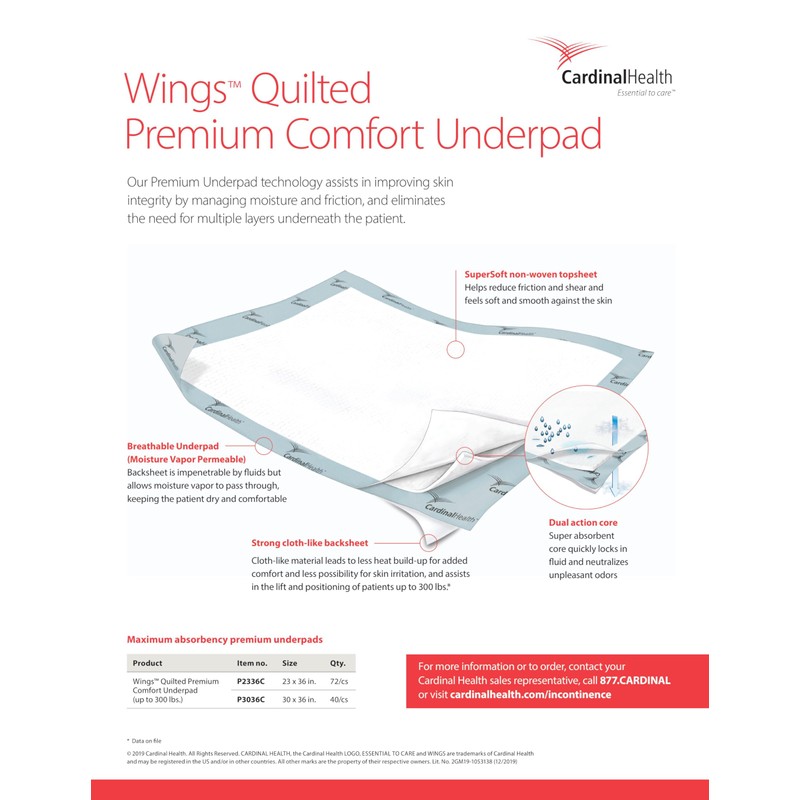 Cardinal Health P3036C Quilted Premium Comfort Underpad, Wings Maximum Absorbency,