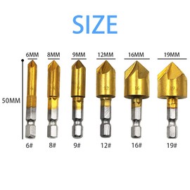 6Pcs Countersink Drill Bits,90 Degree Chamfering Drill Bit 1/4" Hex Shank Wood Drilling Bits 5 Flute HSS Titanium Coated Center Countersink Bits for Wood Quick Change Bit,6mm-19mm