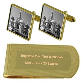 Russia Kremlin Gold Engraved Money Clip and Cuff Links Gift Set