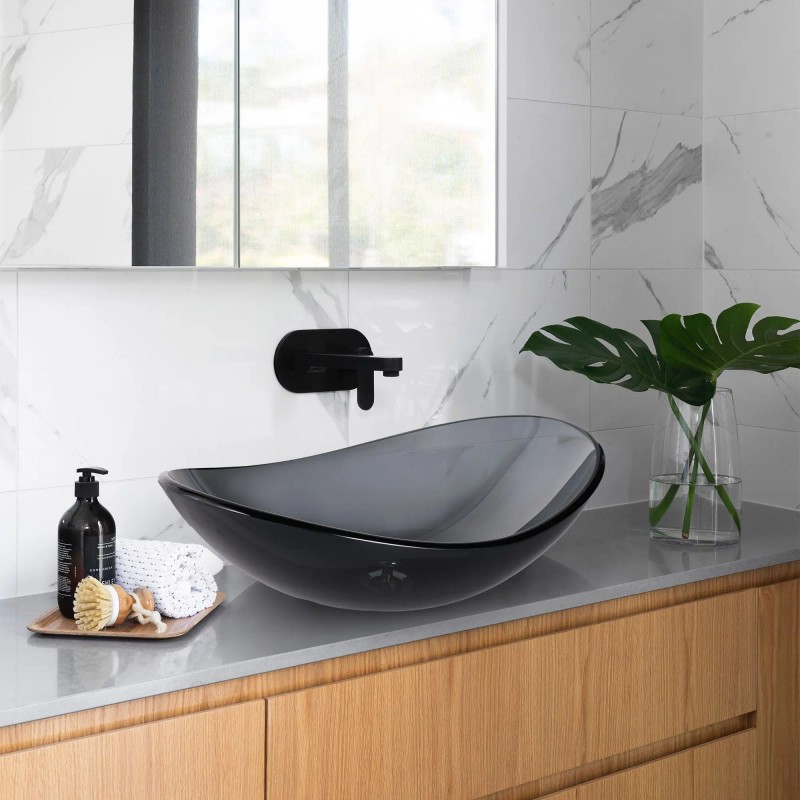 Dark Gray Glass Bowl Sink Oval Glossy Above Counter Bathroom