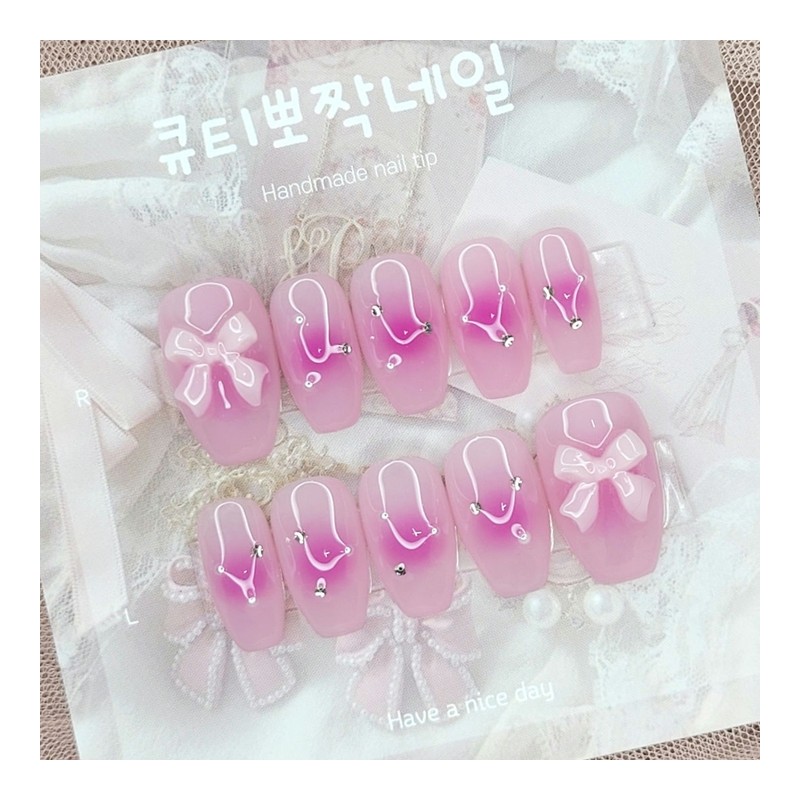 Pink Princess Cheek Handmade Nail Tips - Water Drop /