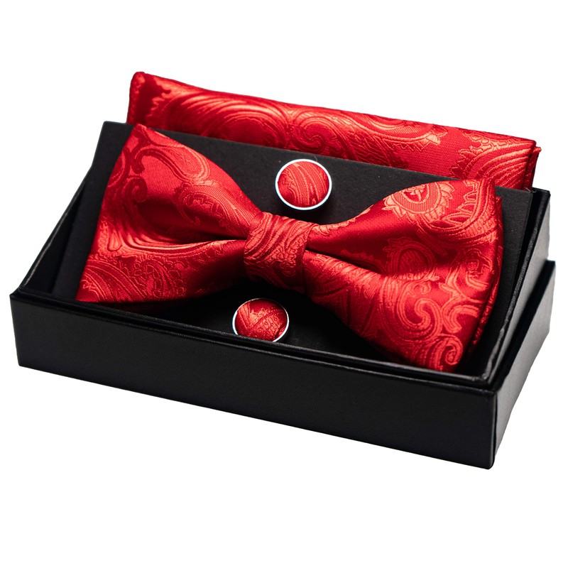 JEMYGINS Men's Paisley Pattern Bow Tie, Cuffs, Buttons, Handkerchief Set,