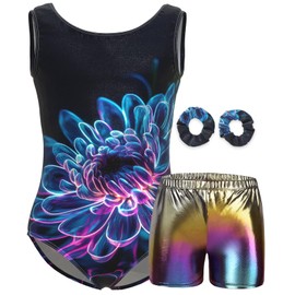 MOLLDAN - Maillot de gimnasia para niñas, Conjunto de flores negras, 9Y(9-10 Years)