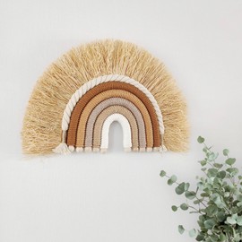 Boho Rainbow Nursery Wall Decor Handmade Woven Macrame Wall Hanging Art with Wood Bead Straw Neutral Decoration for Girls Kids Toddler Bedroom Baby Shower