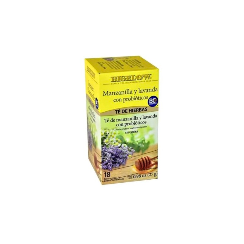 Té Bigelow Lavanda Manzanilla con Probióticos, sin Cafeína, 18 bolsitas