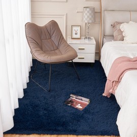 POEMLAND Super Soft Living Room Rugs, Modern Indoor 5×7 Ft Navy Blue Fluffy Shag Plush Area Rug, Bedroom Anti-Skid Shaggy Fuzzy Floor Carpets, Nursery Dorm Kids Room Home Decorative
