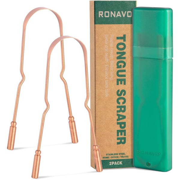 100% Pure Copper Tongue Scraper with Travel Case - Pack of 2, Naturally Antimicrobial, Repels Bad Breath and Maintains Oral Hygiene, Tongue Cleaner for Adults and Children, Easy to Clean