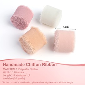 Pieaary Handmade Fringe Chiffon Silk Ribbon 4 Rolls/1" x 5Yd Per Roll,Pink & Cream Frayed Edges Ribbons Set (1" x20Yd, Pink&Cream)