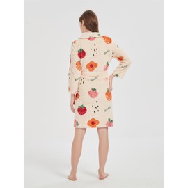 YGZZFYH Women's Floral Strawberry Print Wrapped Belted Flannel Lounge Robe, Casual Pocket Shawl Collar Thermal Robe,Medium
