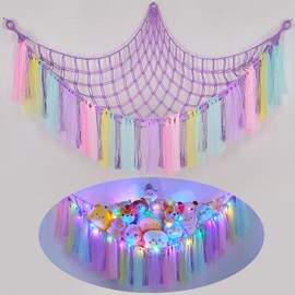 MHJY Toy Hammock Stuffed Animals Storage Net Soft Cuddly Toys Large Corner Hanging Net With LED Light Hand Woven Plush Macrame Organizer with Tassel for Kids Bedroom Nursery