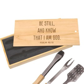 Psalm 46:10 Be Still BBQ Tool Set: Simple Script Engraving on Stainless Steel Grill Set, Ideal for Quiet Reflection, Beautiful Box for Knowing God's Presence