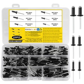 Pack of 220 Blind Rivets Set, Aluminium Blind Rivets with Large Flange, for Pop Rivets Assortment with Flat Head, Aluminium Rivets for Metal Wood Plastic Furniture (Black, M3.2/M4/M5 x 8/10/12/14/16
