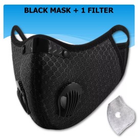 Factory Direct Reusable Activated Carbon Filter Dual Air Valve Cycling Sport Face Mask Cover - Black Mesh + 1 Filter