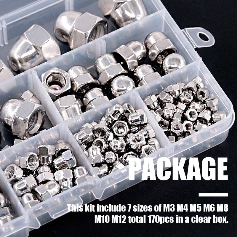 Swpeet 170Pcs 304 Stainless Steel Serrated Metric Acorn Cap Nuts