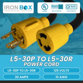 IronBox Electric L5-30P to L5-30R Locking Power Cord - 30A, 125V, 10 AWG, 3 Conductor - Electrical Adapter Plug - Heavy Duty Plug and Connector Extension Cable for RV, Generators, Camper & More (25ft)