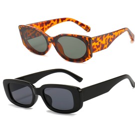 Dollger Rectangle Sunglasses for Women Retro Fashion Sunglasses UV 400 Protection Square Frame Eyewear (2pcs:Leopard Green and Black)