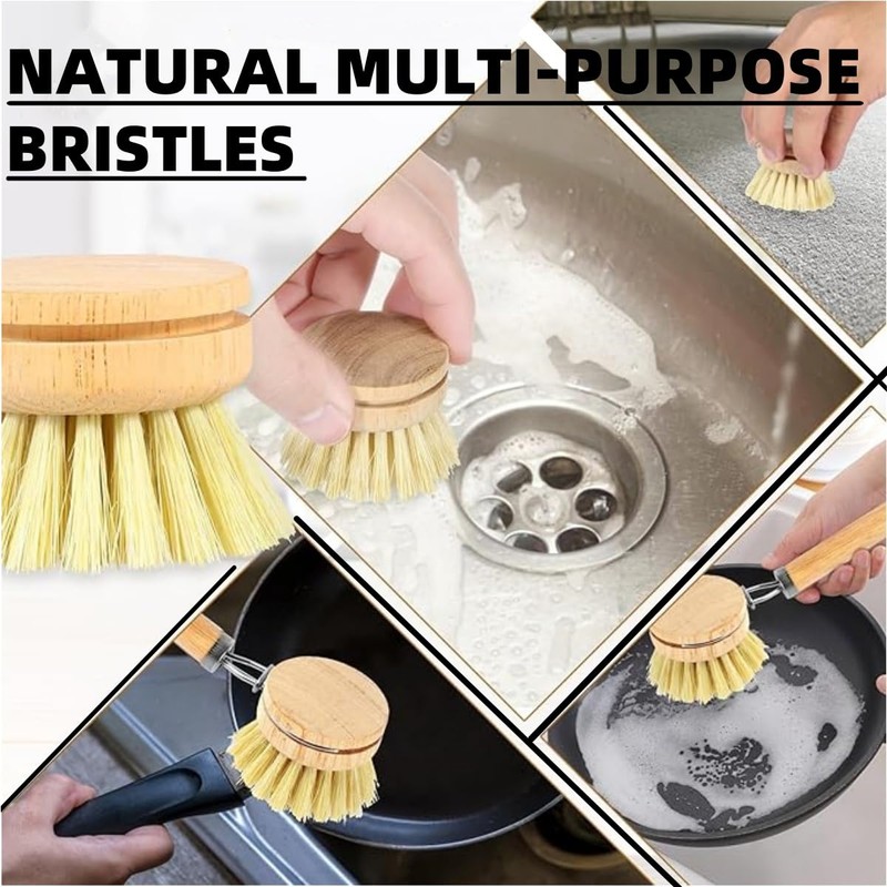 1PCS Bamboo Brush Handle and 5PCS Replacement Heads, Natural Sisal