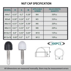Gueenky 300pcs Bolt Covers Screw Caps, M4 M5 M6 M8 M10 M12 Bolt Caps Black White Hex Nut Covers Dome Protection Caps Cover for Nuts Screws Bolts