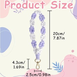Boho Macrame Keychain,Daisy Flower Wrist Keychains,Boho Resort Style Floral Keychain,Handmade Wristlet Keychains,Boho keychain,Wrist Handmade Woven Keychain, Flower Wristlet Keychain,Purple and White