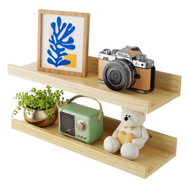 YEMNMFH 16 Inch Bamboo Floating Shelves - Picture Ledge Shelf with Lip Set of 2, Hanging Bamboo Wall Shelf for Storage, Small Natural Wood Floating Shelves for Living Room, Bedroom, Kitchen