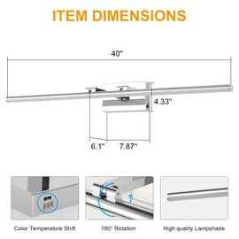 BrkNit LED Bathroom Vanity Light, Modern Bathroom Light Fixture Over Mirror (3000K/4000K/6000K, Dimmable), Vanity Light Bar with Angle Adjustable, 40 Inch, Chrome
