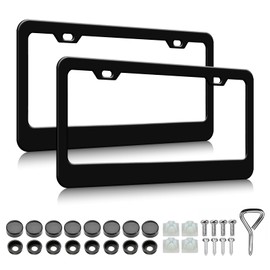2 Pack Matte Black License Plate Frames - Aluminum Metal License Plate Holder for Men Women Car Accessories Tag Frame with Screws Fasteners Caps (2 Holes)
