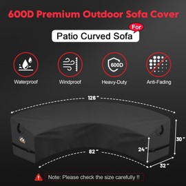 Zettum Outdoor Curved Sectional Cover - Patio Sectional Sofa Cover, 600D Waterproof Patio Furniture Covers for 3-4 Seater Outdoor Sectional Sofa and Couch, 126"(Back)/82"(Front)