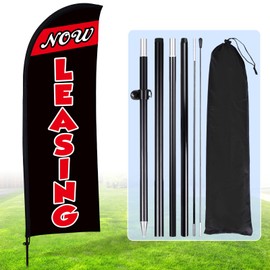 Buryeah Now Leasing Feather Flag Pole Kit 7ft Now Leasing Banner Sign with Flag Pole Kit and Ground Stake and Portable Bag for Real Estate Advertising Business Outside(Black)