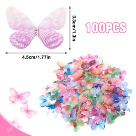 Keboyoe Pack of 100 3D Butterfly Organza with Rhinestones Double Layer Organza Fabric Butterfly 4.5 cm 3D Butterfly Decoration for Wall Decoration, Clothing Appliques, Hair Clips, DIY Decoration