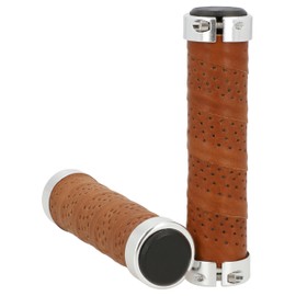 Gusti Nairo Q. Genuine Leather Handlebar Grip Brown Leather Metal Ring Silver Smooth