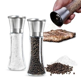 2 en 1 Molinillo Manual de Sal y Pimienta, Molinillo de Sal Marina de Plástico Ajustable y Molinillo de Pimienta de Acero Inoxidable, Molino Rellenable Manual para Sal, Pimienta u Especias