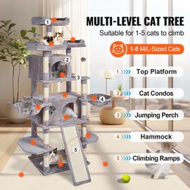 Happybuy Cat Tree for Indoor Cats, 68.5" Cat Tower with 2 Cat Condos, Sisal Scratching Post, Hammocks, Top Perches, Jumping Platforms and Ramp, Cat Furniture Activity Center with Hang Balls