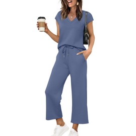 Saloogoe Workout Sets for Women Business Casual Summer Outfits Beach Vacation Clothes Wide Leg Crop Pants Woman Airport Travel Outfits V Nech Cap Sleeve Tops Blue S