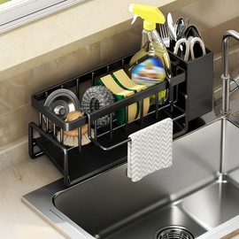 MerryNine Kitchen Sink Caddy Organizer with Brush Holder, Rustproof Stainless Steel Sponge Holder for Kitchen Sink with Self Draining Tray, Dish Soap Scrubber Brush Dishcloth Holder, Black