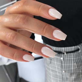 KQueenest Acrylic Press on Nails Short Medium Coffin, Milky White Solid Color Fake Nails Nails Press ons, Short Ballerina Glue on Nails With Glazed Finish, Simple Stick on Nails False Nails For Women