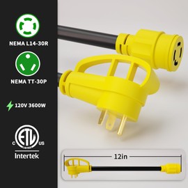 POWGRN 30 Amp to 30 Amp RV Generator Adapter Cord 1FT(12 Inch), NEMA TT-30 Male Plug to NEMA L14-30 Female Plug, 3 Prong Heavy Duty Power Cord, 10 Gauge STW, 30A 125V/250V, Black-Yellow, ETL Listed