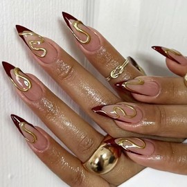 Uñas Postizas Francesas Marrones Con Punta Francesa, Largas, Estilo Stiletto, Con Diseños De Líneas Curvas Doradas 3D, Reutilizables, De Cobertura Com