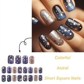 Starry Sky Press on Nails Short Square Fake Nails Gold Star Design Acrylic Nails Glossy Astral Glue on Nails for Women DIY Manicure