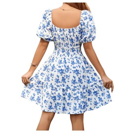 Floerns Women's Boho Square Neck Puff Short Sleeve Self Tie Front A Line Dress Blue XS